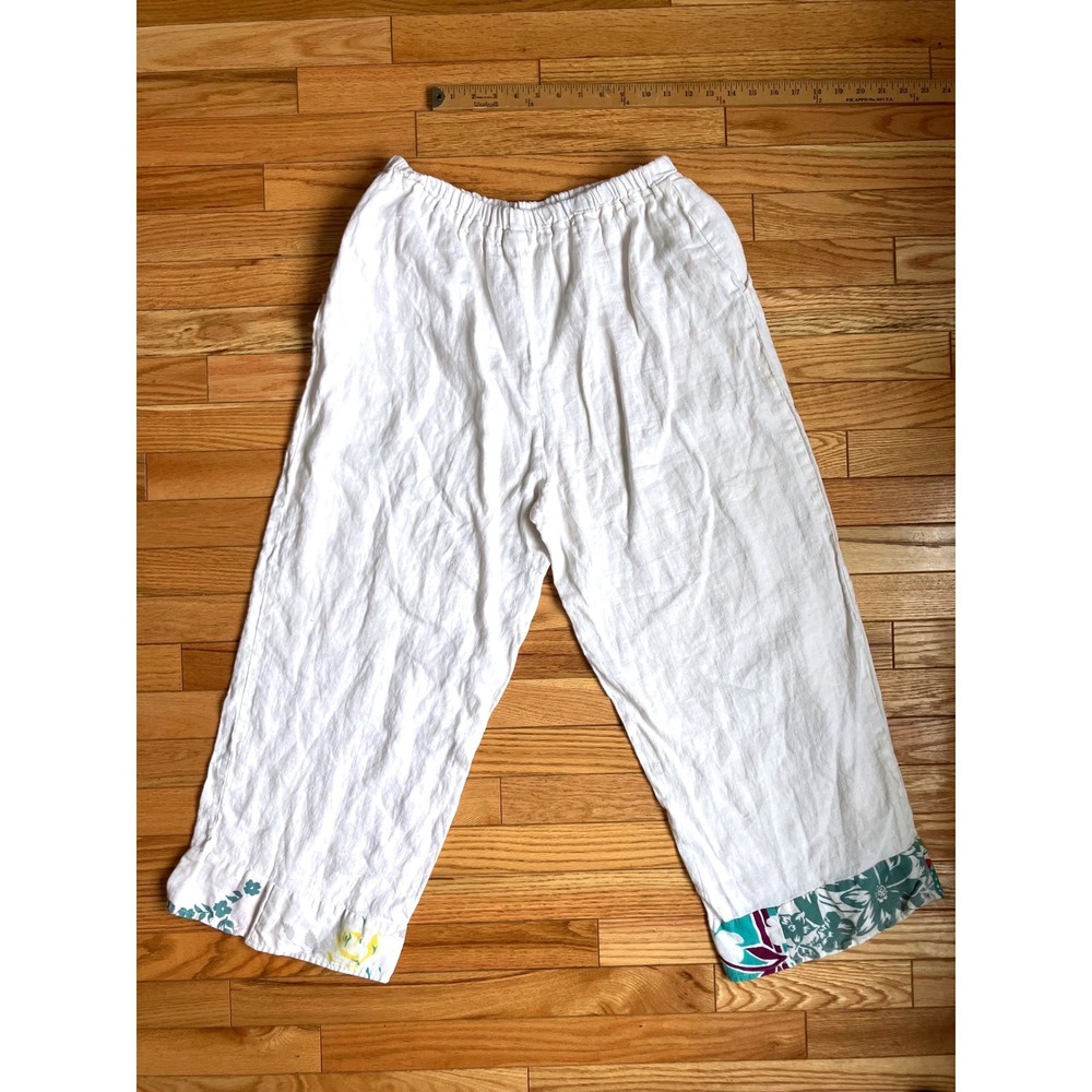 Home Frocks White 100% Linen Wide Leg Crop Pants L Floral Patchwork Trim - Picture 6 of 11